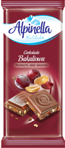 Шоколад Alpinella 90 г. Чорний з арахісом і родзинками в уп.21 шт.